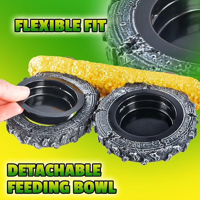 Magnetic Reptile Feeder Ledge, Crested Gecko Feeding Ledge with PVC Food Bowls, Tire-Shaped Reptile Food Dish for Crested Gecko Leopard Gecko Lizard Frog Bearded Dragon