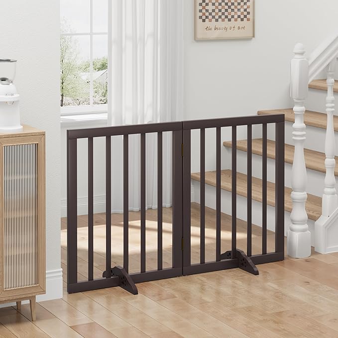 Brown Freestanding Foldable Pet Gate - 2 Panels, Metal Support Feet, Room Divider for Doorways & Bedroom