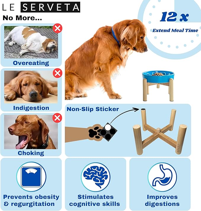 Ceramic Slow Feeder Dog Bowls, Raised, 3 Cups Elevated Slow Feeder with Wooden Stand for Medium Large Breed, Puzzle Dog Food Bowl (Blue)