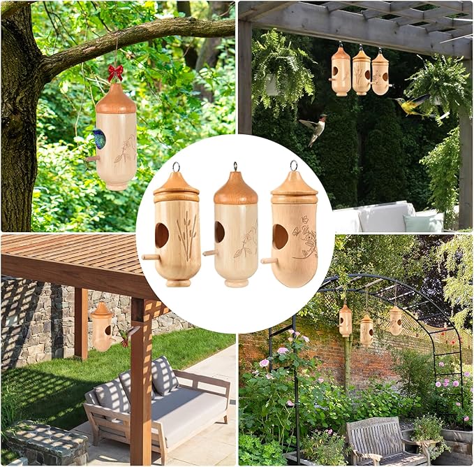 Hummingbird House, Solid Wood Hummingbird Houses for Outside-Exquisitely Handcrafted Birdhouse with Ribbon and String Hanging Kit, Durable Garden Decor, Perfect Gardening Gift (Style-ABC, 3 Pack)