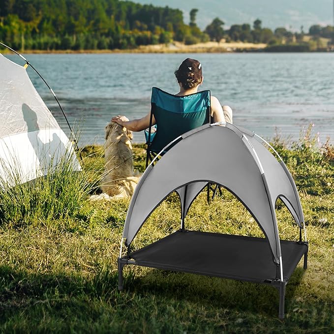 Elevated Outdoor Dog Bed with Canopy, Raised Dog Cot with Shade, Waterproof Dog Tent for Medium Small Dogs Portable Cooling Pet Bed with Breathable Mesh for Camping Beach, L