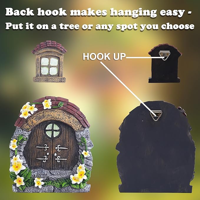 Attivolife Fairy Door and Window for Tree Glow in The Dark - Outdoor Miniature Fairy Garden Decor Weatherproof Resin Treehouse Yard Art Accessories Sculpture for Tree Trunks Fairy House Kit for Gnome