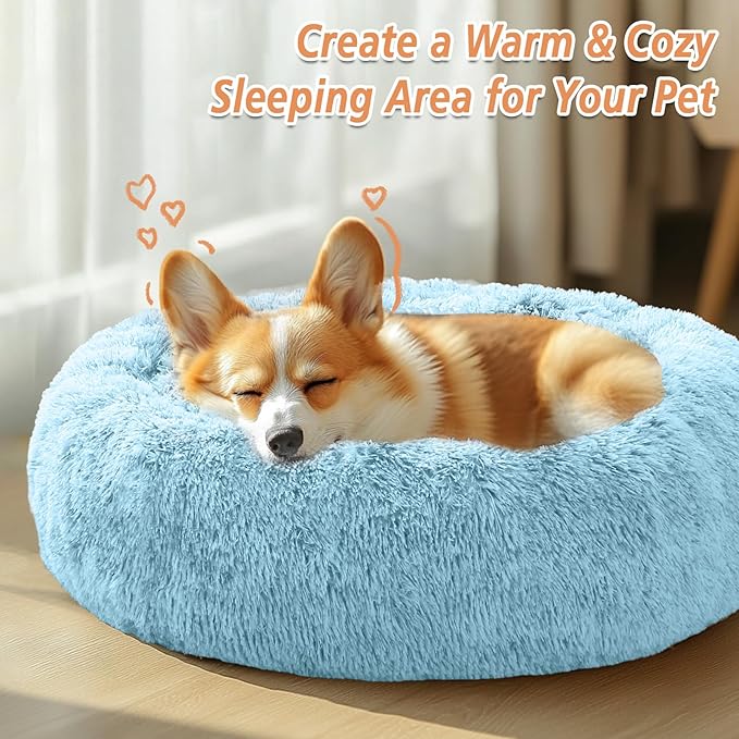 JOLLYVOGUE Calming Dog & Cat Bed for Small Dogs, Anti-Anxiety Donut Cuddler Cozy Soft Round Bed with Anti-Slip Bottom, Fluffy Faux Fur Plush Cushion Beds for Small Medium Pets (20")
