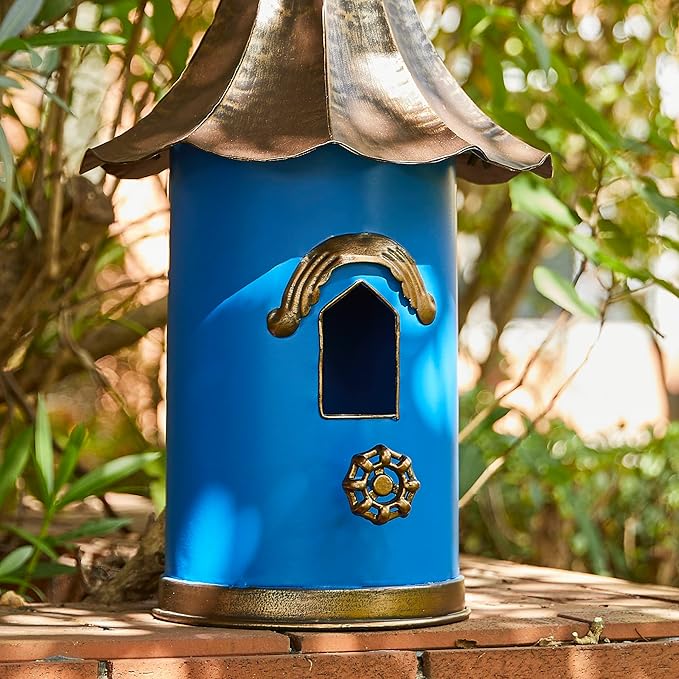 Glitzhome 32”H Metal Hanging Birdhouse for Outdoors Oversized Farmhouse Pagoda Painted Bird House with Bronze Roof for Bluebird Wren Chickadee Sparrow Bird Nest Box for Garden Patio, Retro Blue