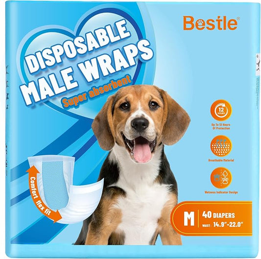 Male Dog Wrap, Disposable Dog Diapers, 40 Count, M (Waist 19.7”-23.6”), Wetness Indicator, Ultra Protection, Leak Proof, Super Absorbent, Soft