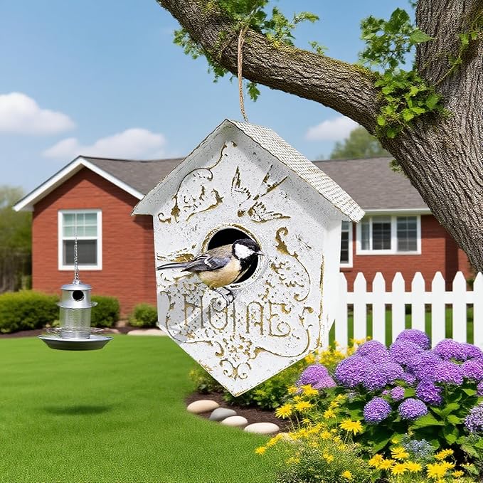 Vintage Metal Birdhouses for Outdoor, Retro Blue Bird House for Garden, Wild Bird Nesting, Decorative Bird Houses for Hummingbird Bluebird Wren Chickadee Sparrow Bird Nest Box