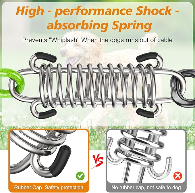 Tresbro 70 FT Dog Tie Out Cable with Spring, Shock Absorbing Tether Chains for Outside Aavilable in 10/15/20/25/30/40/50/70/100/120 FT, Heavy Duty Leads for Yard for Medium & Large Dogs Up to 500 LBS