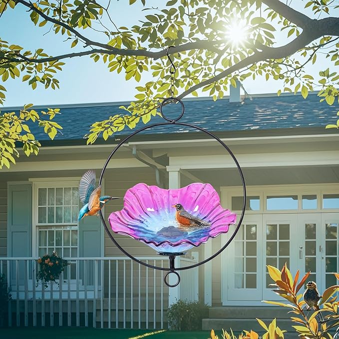 MUMTOP Hanging Bird Bath-Bird Baths for Outdoors - Flower Glass Bird Water Bowl with Hanging Circle, Bird Feeders for Outside, Garden, Lawn Yard Decor(Pink)