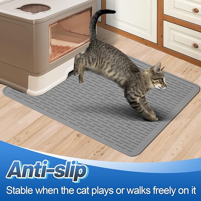 Easy Clean Silicone Cat Mat for Litter Box - 33.7" x 22" Waterproof Non-Slip Kitty Litter Trapping Mat for Protecting Floor, Less-Mess Food Water Mat for Indoor, Gray