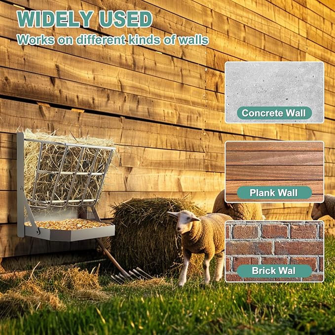 Goat Hay Feeder, 21 Gallon Large Capacity Hay Rack, 2 in 1 Hay and Grain Feeder, Wall Mounted Livestock Feeder with Feed Tray Wall Hay Rack for Sheep, Horses, Goats, Metal Hay Holder in Farm