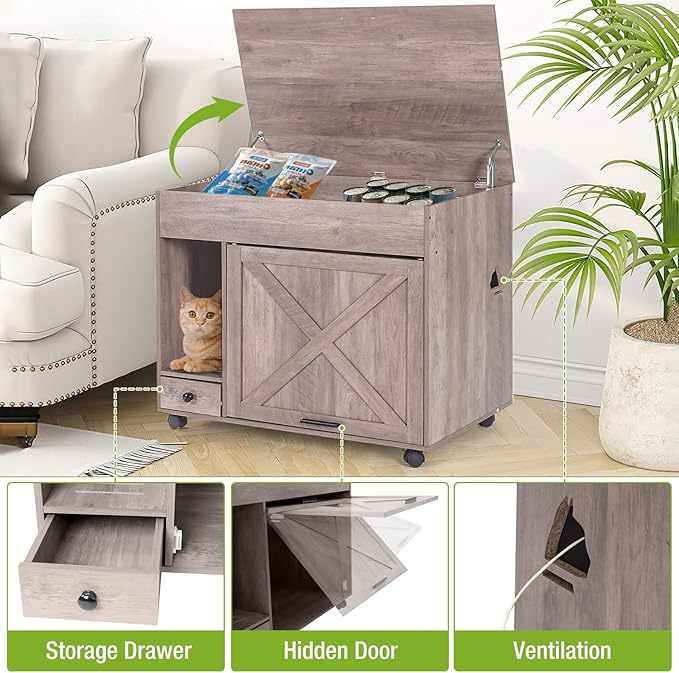 Cat Litter Box Enclosure Cabinet with Wheels, Wooden Hidden Litter Box Furniture with Large Storage, Flip Top Cat Cabinet Indoor with Drawer (Grey, Medium)