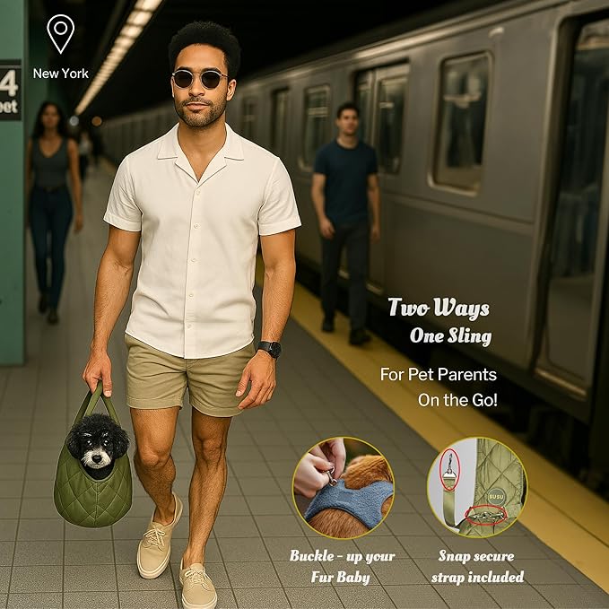 Small Dog Carrier Sling – Olive Green Hands‑Free 2‑in‑1 Sling & Handheld Carrier for Dogs up to 10 lbs, Parachute‑Grade Rip‑Stop Nylon, 4″ Padded Strap, Safety Tether & Pockets