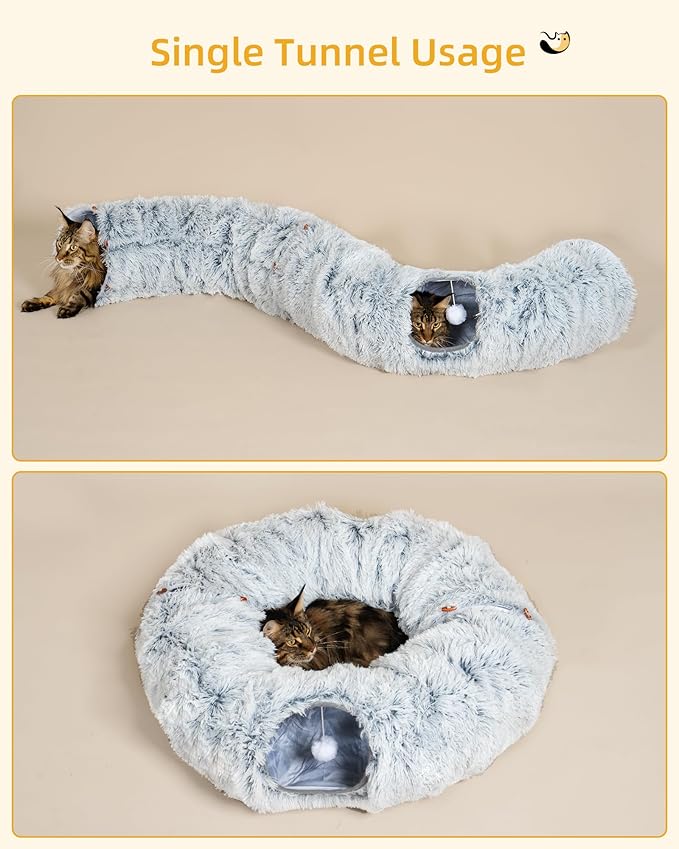 Cat Tunnel Toys for Indoor Cats, 2-in-1 Large Tunnel Bed with 34'' Tall Scratching Post, Interactive Pet Donut Toy for Kitten Puppy Rabbit Play, Grey