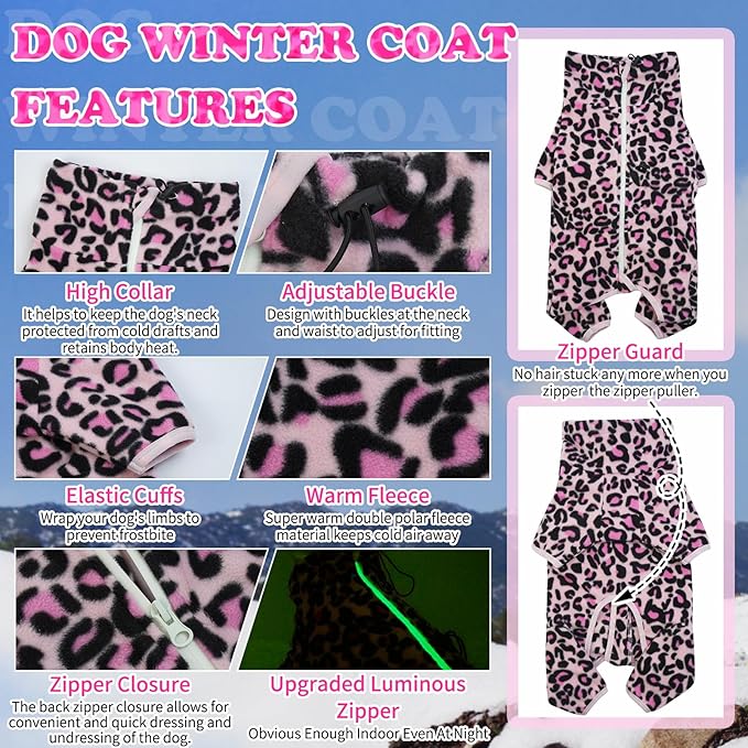 ROZKITCH Dog Winter Coat Soft Fleece Pullover Pajamas, Pet Windproof Warm Cold Weather Jacket Vest with Luminous Zipper, Jumpsuit Apparel Outfit Clothes for Small Medium Large Dog L-Pink XS