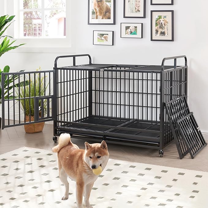 Lauren&Harold 48 Inch Heavy Duty Dog Crate for Medium/Large Dogs, Metal Dog Kennel Indoor with Top Door&Feed Door, Easy-to-Clean XL Dog Cage with Removable Tray&Wheels, Large Dog crates Furniture