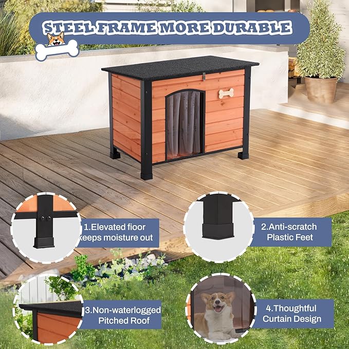 Outdoor Dog House, Indoor Outdoor Doghouse Puppy Shelter Dog House with Iron Frame,Anti-Bite Design Dog Home for Small Medium Some Large Dogs (Orange, Small)