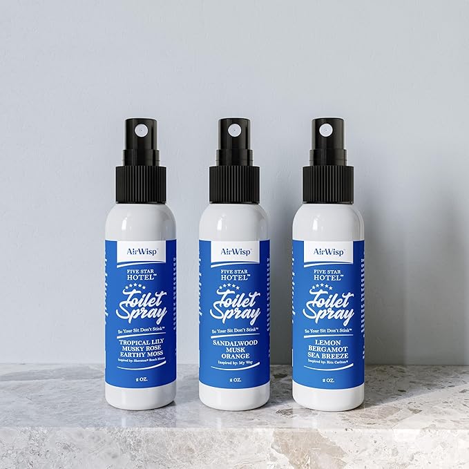 AirWisp Toilet Spray 3 Pack Variety Pack - Pre-Poop Spray Odor Eliminator - Most Popular Hotel Picks - 2 oz. Bottles - Up To 100 Uses Per Bottle - Travel Toiletry