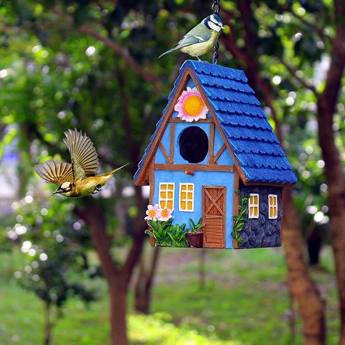 Garden Bird House for Outside Clearance Hanging Outdoors Country Cute Birdhouses for Wren Finchs Chickadee Hummingbird Tree Swallow Cage Kids Nature Lover Bluebird House(Blue)