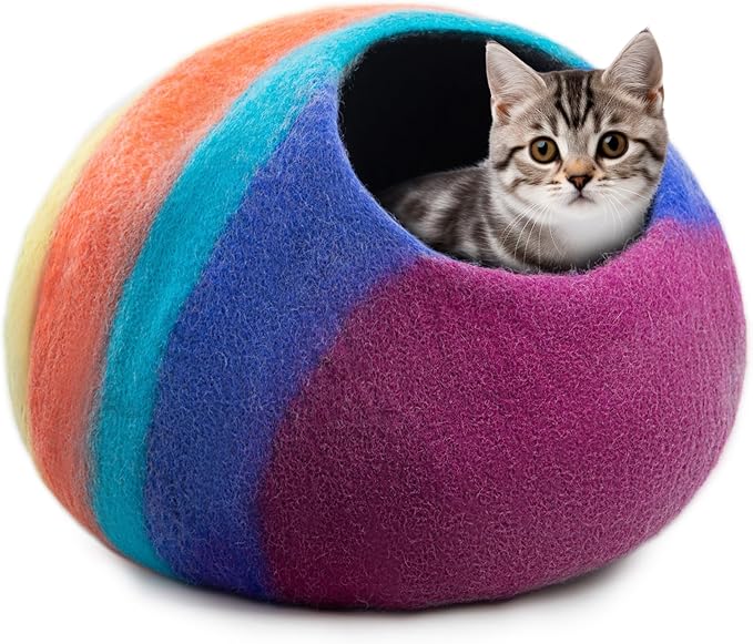 Woolygon Premium Felt Cat Cave Bed β Wool Kitty Beds Handcrafted Kitten Caves Bed for Indoor Cats - Made from 100% Eco-Friendly Merino Wool, Foldable Cat Hidewawy Covered Cat House Pod (Rainbow Twist)