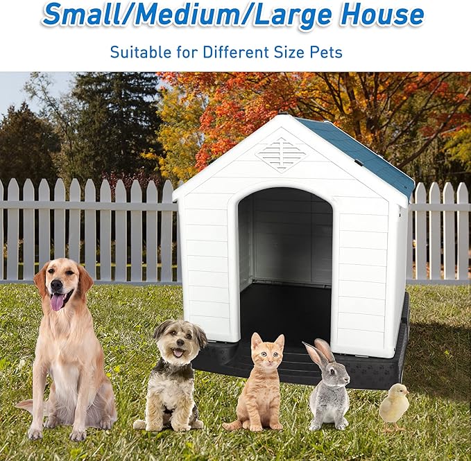 LUCKYERMORE Large Dog House Outdoor Indoor Pet Dog Puppy Shelter Crate Plastic Weather-Resistant Cage, Large