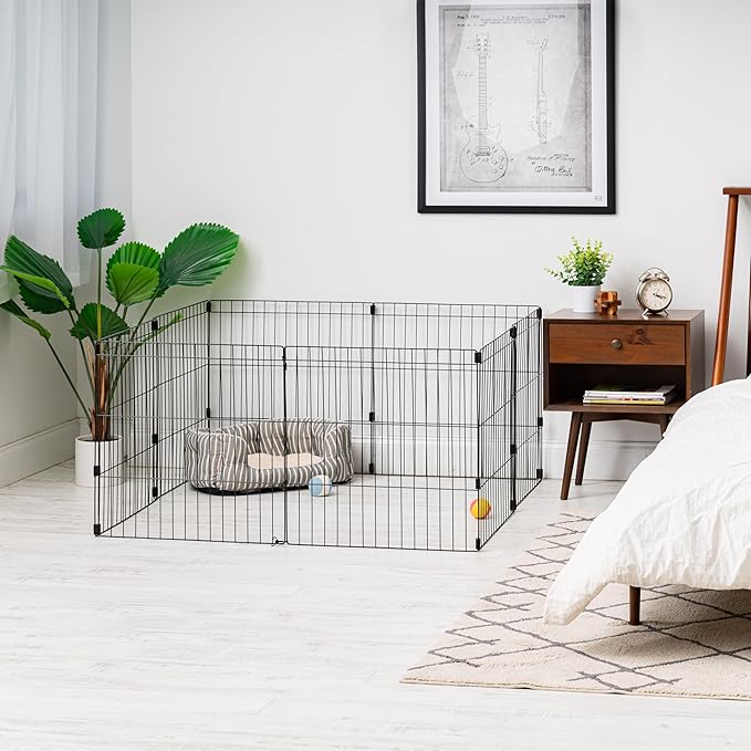 IRIS USA 24" 8-Panel Metal Pet Dog Puppy Playpen, Indoor/Outdoor Dog Fence, 58 x 58 x 24, Foldable, Customizable, Black