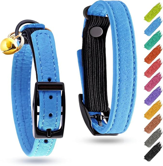 Leather Cat Collar with Bell & Elastic Strap - Pet Collar Leather - Leather Kitten Collar - Cats Small and Big Cat Collar for Boy Cats, Girl Cats with Safety Elastic Strap (Blue, 6" - 8")