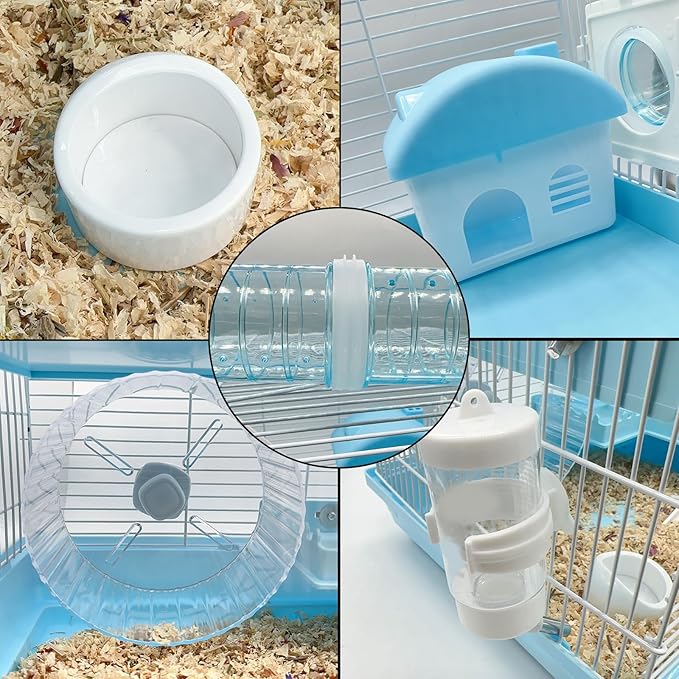 Tfwadmx Dwarf Hamster Cage Small Hamster Habitat Mouse Home Small Animal Cage with Tube Exercise Wheel Hut Rat Habitat for Gerbils Mice 18.5“x11.8”x11.8“ Blue