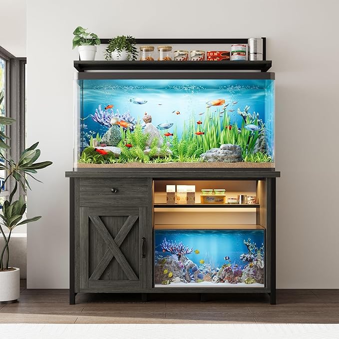 4ever2buy 55-75 Gallon Fish Tank Stand with Power Outlet, Led Light, Heavy Duty Aquarium Stand with Cabinet for Fish Tank Accessories Storage, Shelf, for Turtle Tank, Reptile Terrarium, 1100 LBS, Gray