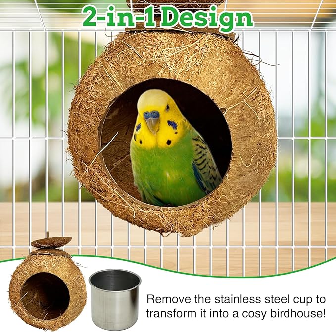 Coconut Bird Bowls for Cage 2-in-1 Coconut Shell Birds Feeder Set of 2 Hanging Parrot Cage Feeders Natural Parakeet Food and Water Dishes for Lovebirds Finches Budgies Cockatiels