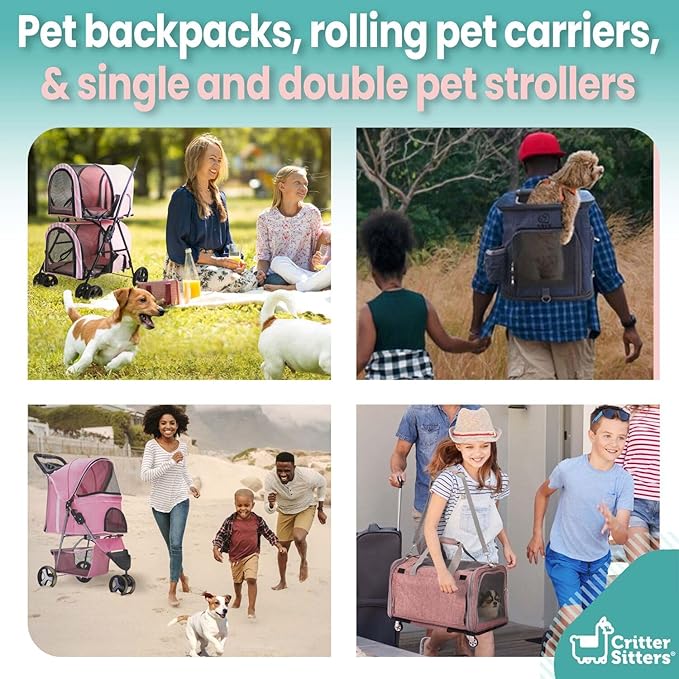 Critter Sitters 3-Wheel Jogging Dog Stroller with Storage Basket and Cup Holders, Modern and Stylish Pet Stroller for Medium Sized Animals up to 33 Pounds, Pink