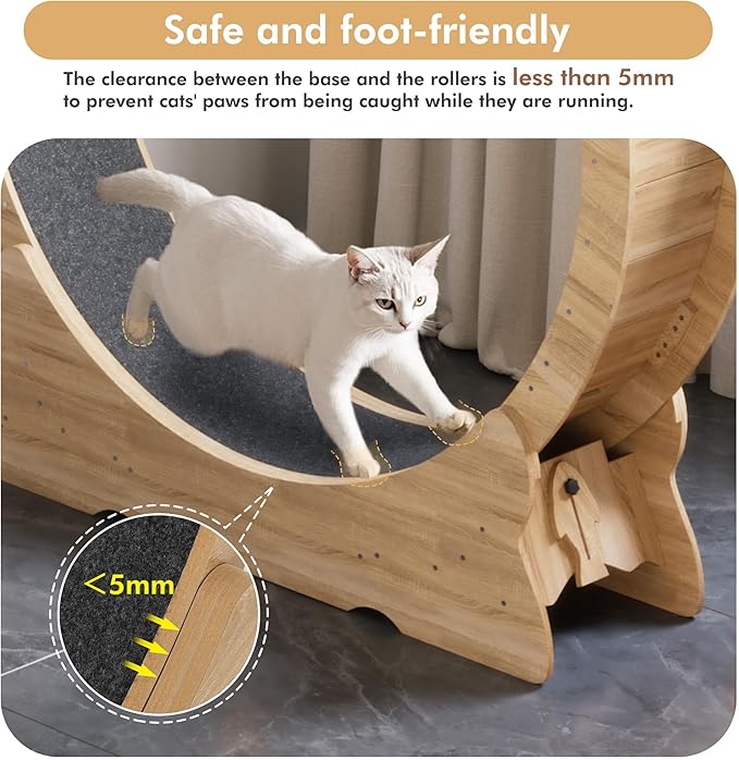 Cat Exercise Wheel, 43.3 inch Cat Wheel for Indoor Cats with Carpeted Runway, XL Treadmill with Removable Carpet and Teaser, for Running Walking Training (Natural Wood)
