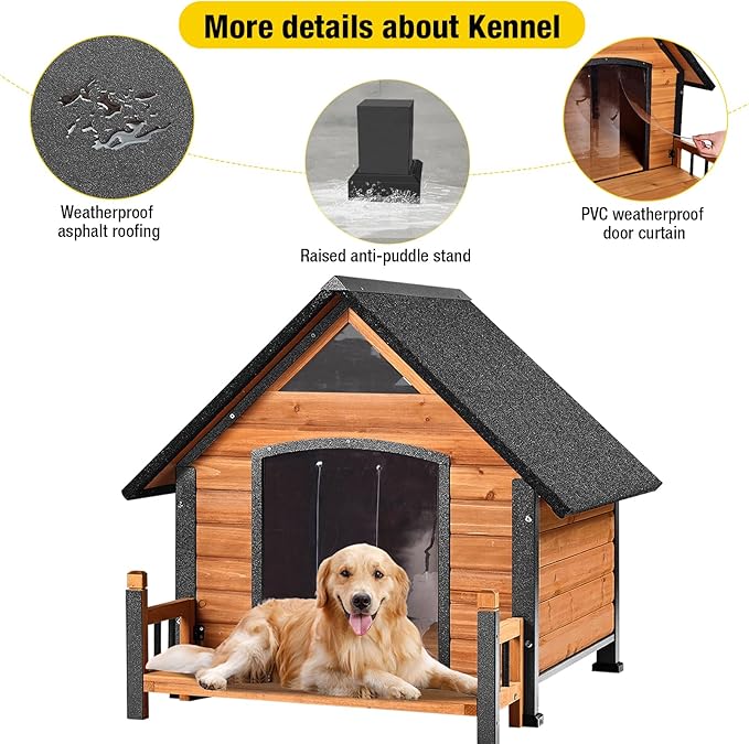 Dog House Outdoor, Insulated Dog Kennel Outside for Large Breed, 50.87" L Weatherproof Large Dog Shelter with Anti-Chewing Iron Frame (Brown, 45" D x 32.9" W x 32.6" H)