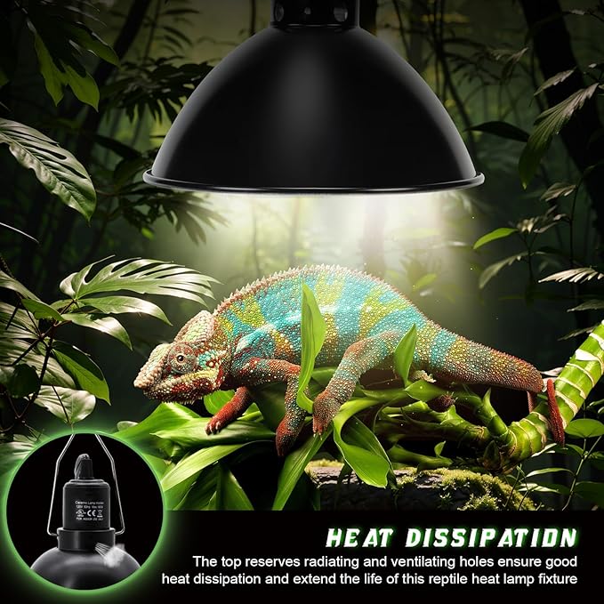 Reptile Light Fixture with Thermostatic Timer, 8.5 Inch Deep Dome Lamp Cap Reptile Heat Lamp Fixture with Separate Switches, Terrariums Light Fixture for Ceramic Heating Lamp Bulb