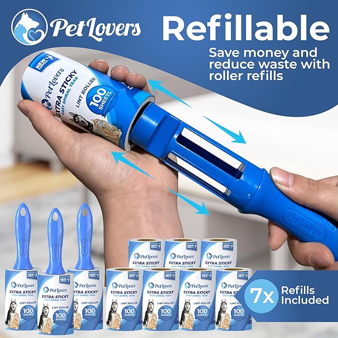 PetLovers Extra Sticky Lint Roller Bulk Value Set 1,000 Sheets 3 Rollers 7 Refills for Pet Hair Removal, Dog and Cat Lint Remover