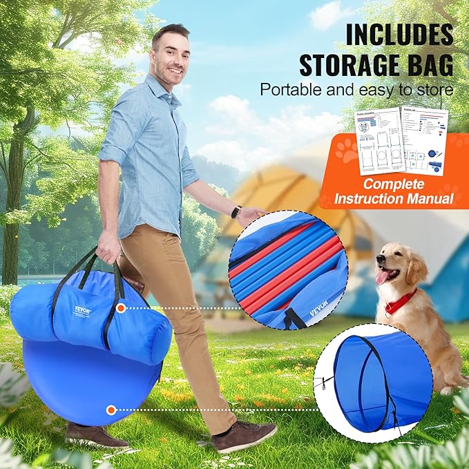 VEVOR Dog Agility Training Equipment, Dog Agility Course Backyard Set with Adjustable High Hurdles,6 Weave Poles,Tunnel,Jump Ring,Pause Box,Whistle,Foldable Bowl,Storage Bag, Puppy Obstacle Course Kit