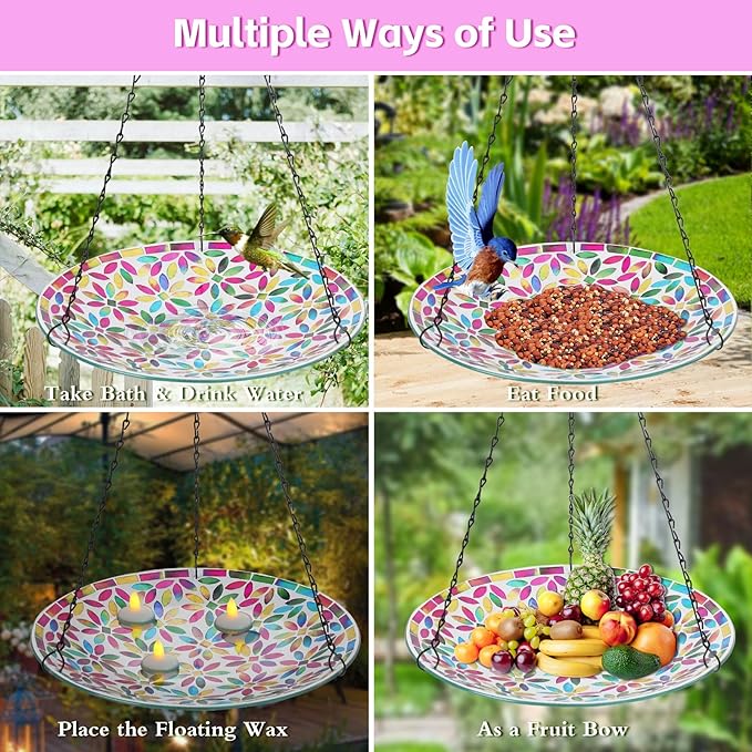 MUMTOP Mosaic Hanging Bird Bath-Bird Baths for Outdoors - 12 Inch Glass Birdbath Bird Water Bowl Bird Feeders for Outside, Garden, Lawn Yard Decor(Colorful Flower)