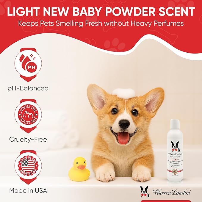 Warren London 2-in-1 Puppy Shampoo & Conditioner 8 oz | Tearless Baby-Powder Scent | Moisturizing Aloe & Shea Butter Formula for Puppies, Dogs & Cats | pH-Balanced, Cruelty-Free, Made in USA