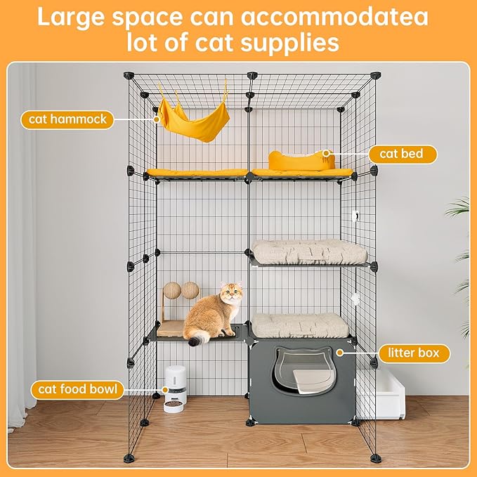 Oneluck Cat Cage with Litter Box,4-Tiers DIY Enclosures Large Playpen Detachable Metal Wire Kennel Indoor Crate Large Exercise Place Ideal for 1-2 Cat (35" L x 28" W x 55" H)