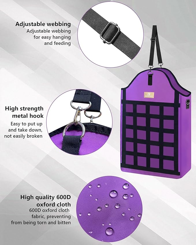Hay Bags for Horses,3 Packs Slow Feed Hay Bags for Goats,Sheep,Donkey,600D Reinforced Oxford Hay Feed Bags with Front Hay Nets Design, Easy to Fill and Hang with Large Opening (2Purple)