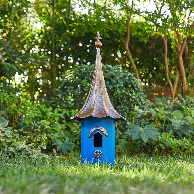 Glitzhome 32”H Metal Hanging Birdhouse for Outdoors Oversized Farmhouse Pagoda Painted Bird House with Bronze Roof for Bluebird Wren Chickadee Sparrow Bird Nest Box for Garden Patio, Retro Blue