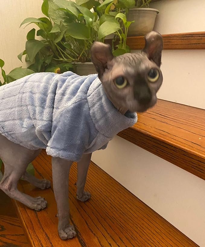 Turtleneck Sweater for Sphynx Cat Soft Coral Fleece Cat Clothes Thick Winter Warm Outfit Coat for Hairless Cats and Small Dogs Apparel with Sleeves (Blue, L (7-8.5 lbs))