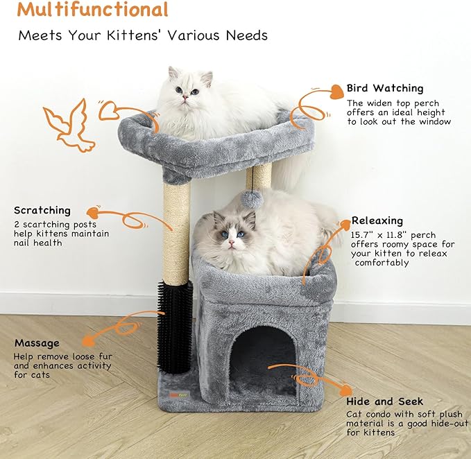 Small Cat Tree with Scratching Post Indoor, Cat Trees for Indoor, Cat Tower with Condo, Plush Cozy Perch, Massage Brush, Activity Hanging Pompoms