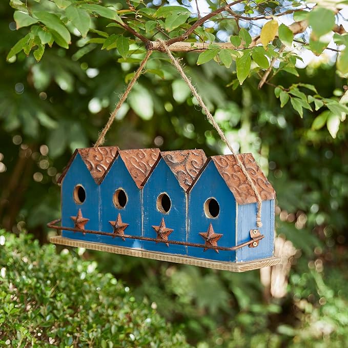 Glitzhome 17" L Retro Blue Distressed Solid Wood Birdhouse with Perch Garden Hanging Bird House for Outdoors