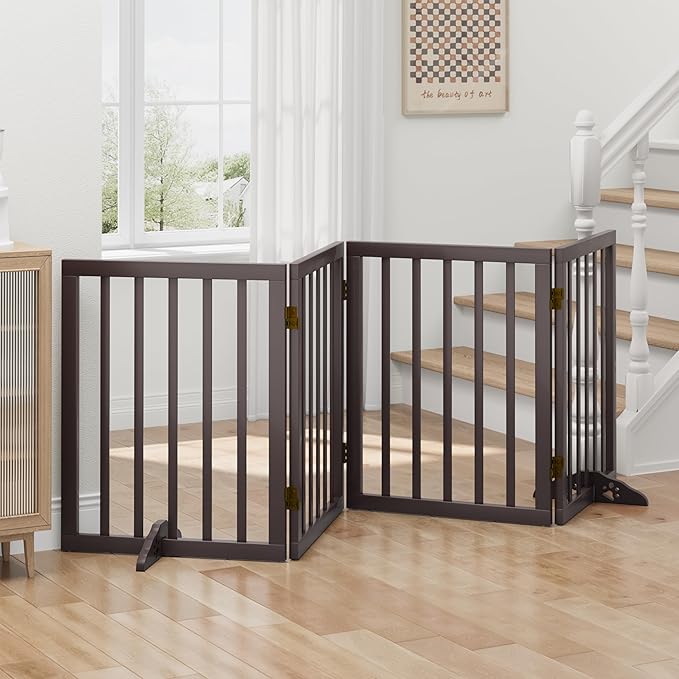 Dog Gate, Freestanding Dog Gates for Doorways, Foldable Dog Gate Indoor, Pet Gates for Doorways Bedroom, Puppy Gate with Metal Support Feet, Room Divider 4 Panels (Brown)