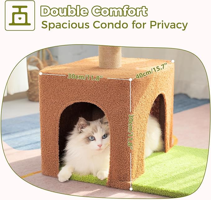 Flower Cat Tree 34 Inches Scratching Post Small Cat Tower for Large Cats, with 15.7”Large Hammock, Removable Top Bed and Wide Condo for Indoor Cats-Forest Brown