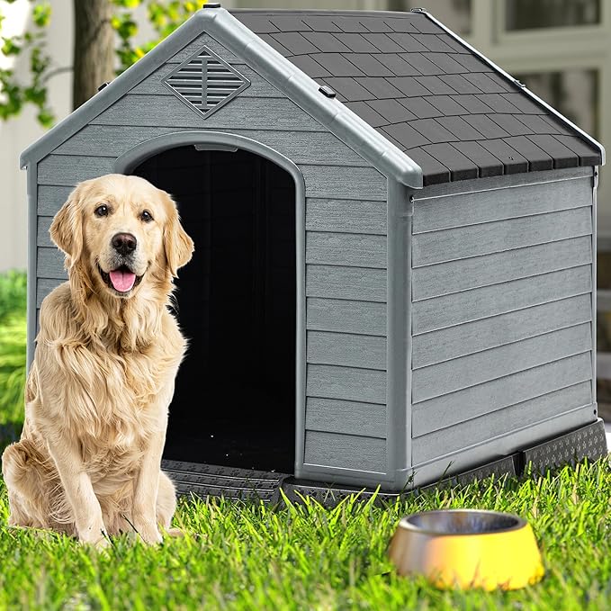 DWVO Spacious Plastic Dog Shelter, Weatherproof Outdoor/Indoor Doghouse, Puppy Kennel with Air Vents and Elevated Floor, 41.3''L*38''W*38.8''H, Black+Gray