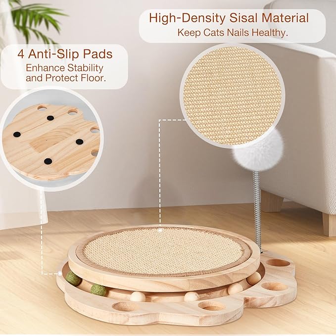 Cat Scratcher for Indoor Cats, Sisal Cat Scratching Pad, 2-Tier Kitten Toys with Wooden Ball Track & Spring Ball -No Assembly Cats Activity Center