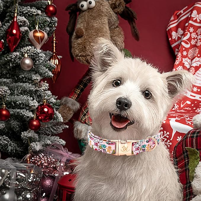 Elegant little tail Christmas Dog Collar, Pink Gingerbread Man Print Pet Collar Dog Durable Cute Dog Collars Winter Holiday Male or Female Pet Gift Adjustable Dog Collar for X-Small Puppy
