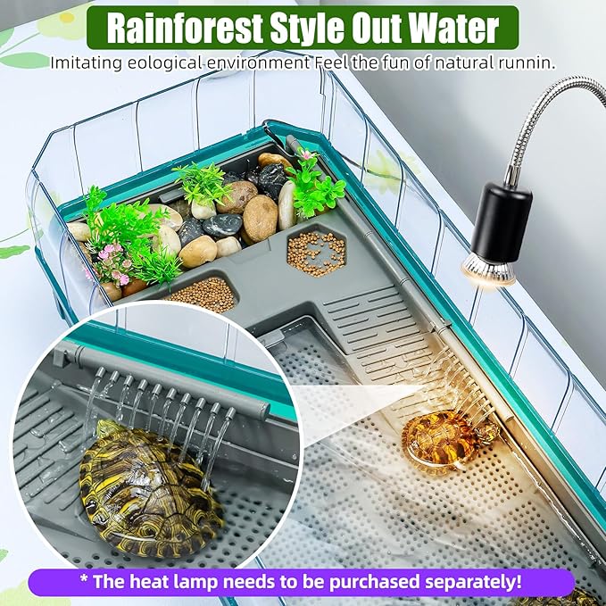 25.6×13×9.4'' Turtle Aquarium Turtle Tank with Filter-Rain Shower SPA Experience, Water Changes, and Ample Space for Activities-Suitable for Tortoises, Turtles, Hermit Crabs