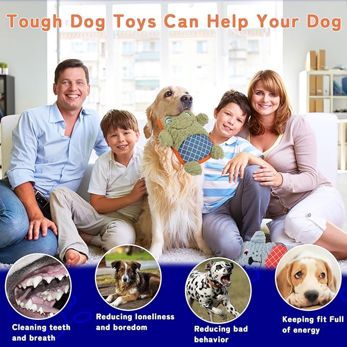 Crinkle Dog Toys Squeaky Plush No Stuffing Cute Puppy Stuffless Tough Rop Pull Toy, Fun Dog Stuffed Animals Durable Chew Set for Small Medium Large Pup (Large, Green Frog+Blue Dog)